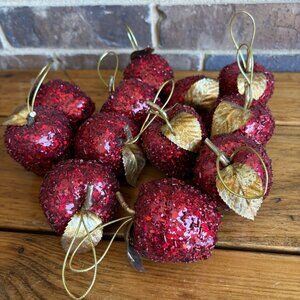 HALLIWELL HOLIDAY Red Glitter Beaded Set of 12 Apple Christmas Ornaments